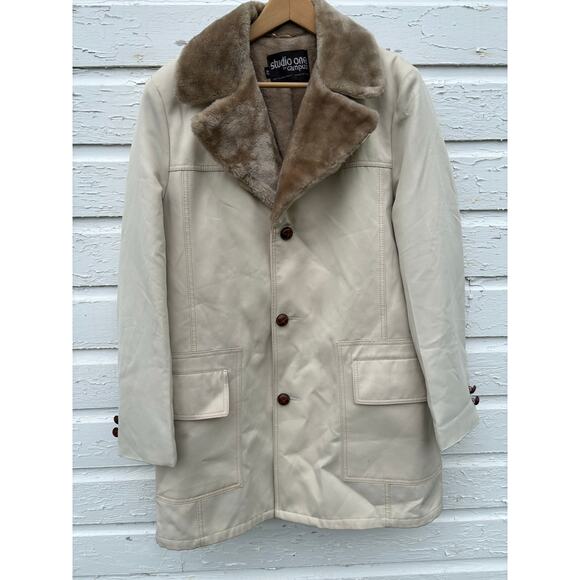 Vintage Overcoat Mens 42 Wide Collar Beige Canvas Fur Lined Studio One 70's Coat - Picture 1 of 5
